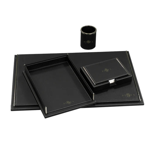 Black Leather Desktop Stationery Set – Luxury Office Accessory