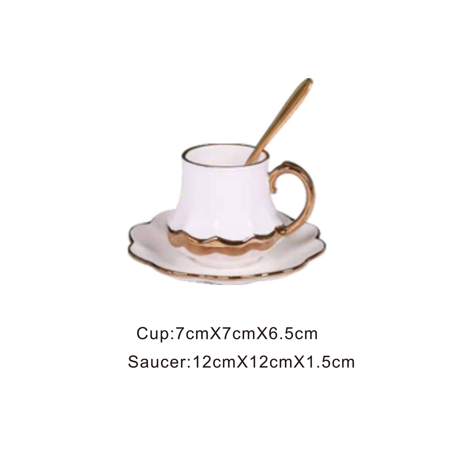 White ceramic cup and saucer set with golden pattern and handle
