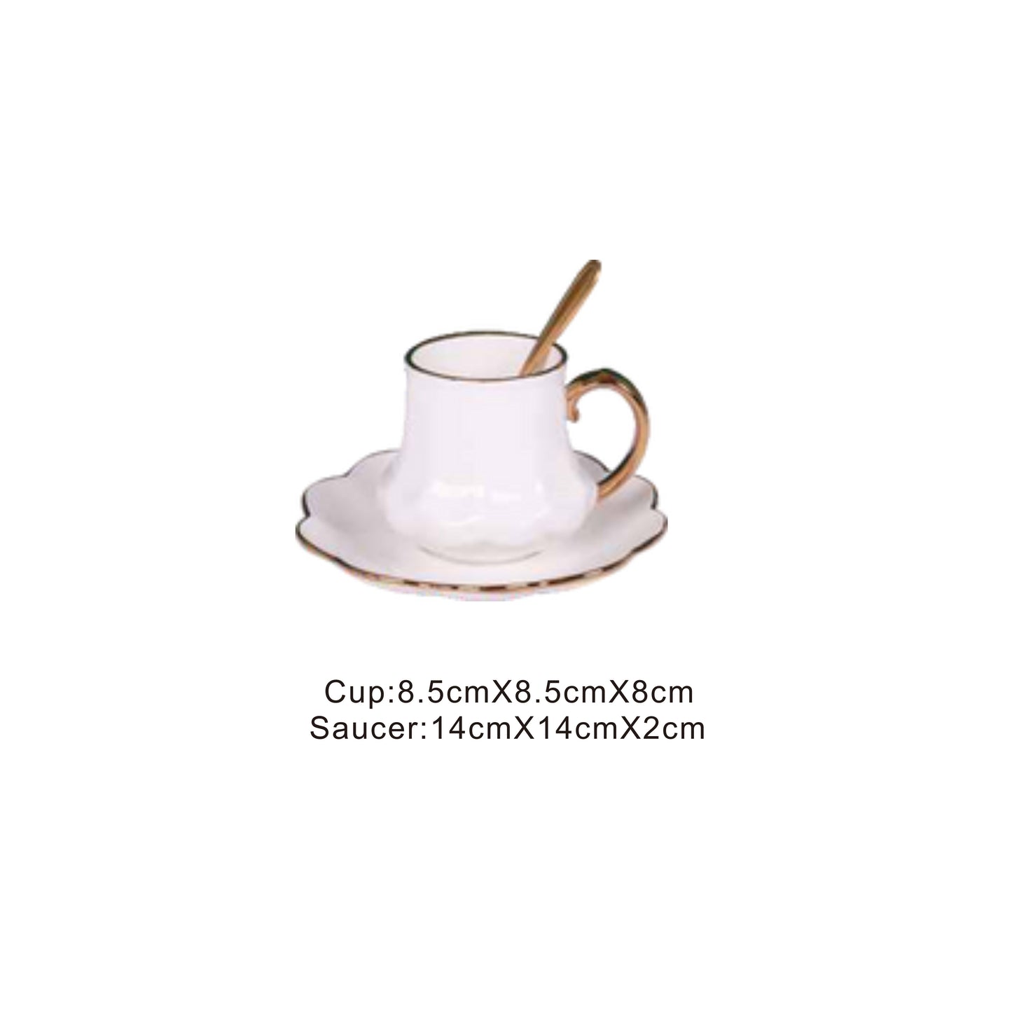 White ceramic cup and saucer set with golden pattern and handle