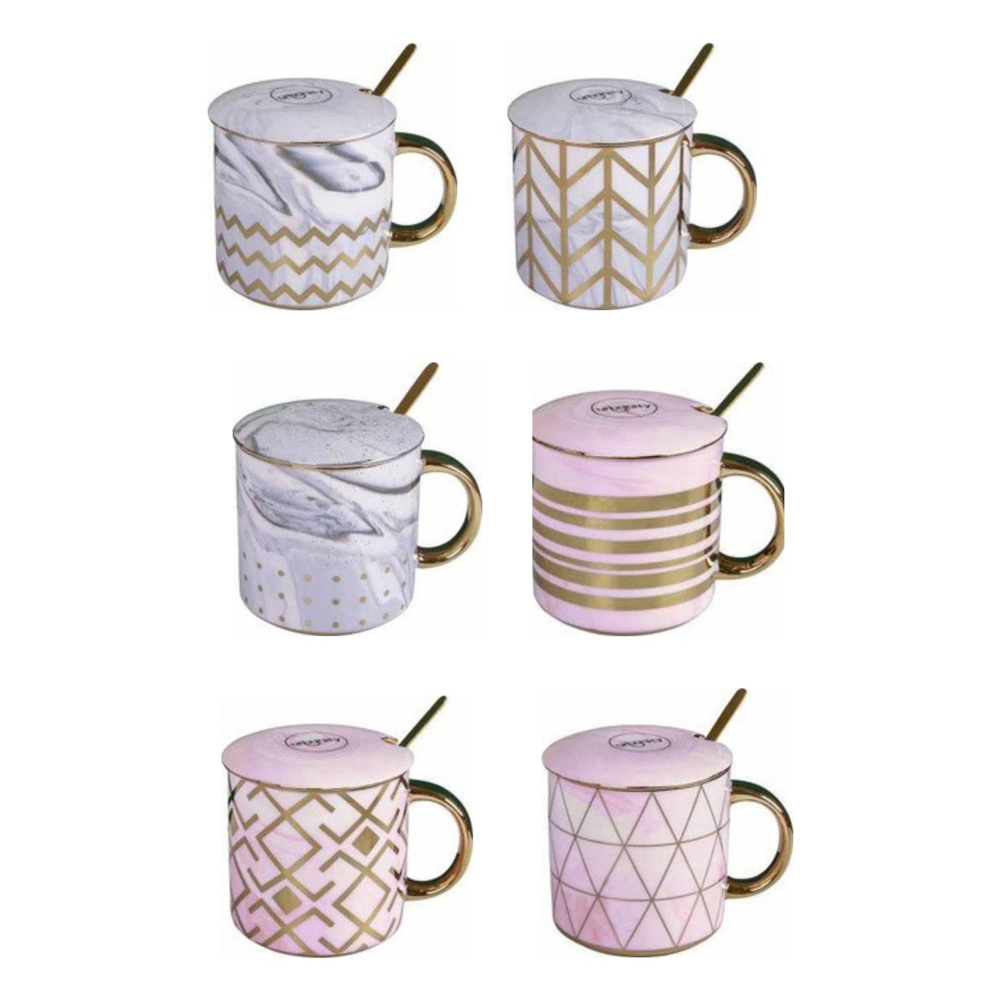 Ceramic sugar pot with golden edges and handle, available in six decorative patterns