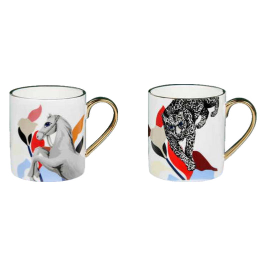 Mug with animal faces, colorful flowers, golden edges, and shiny surface