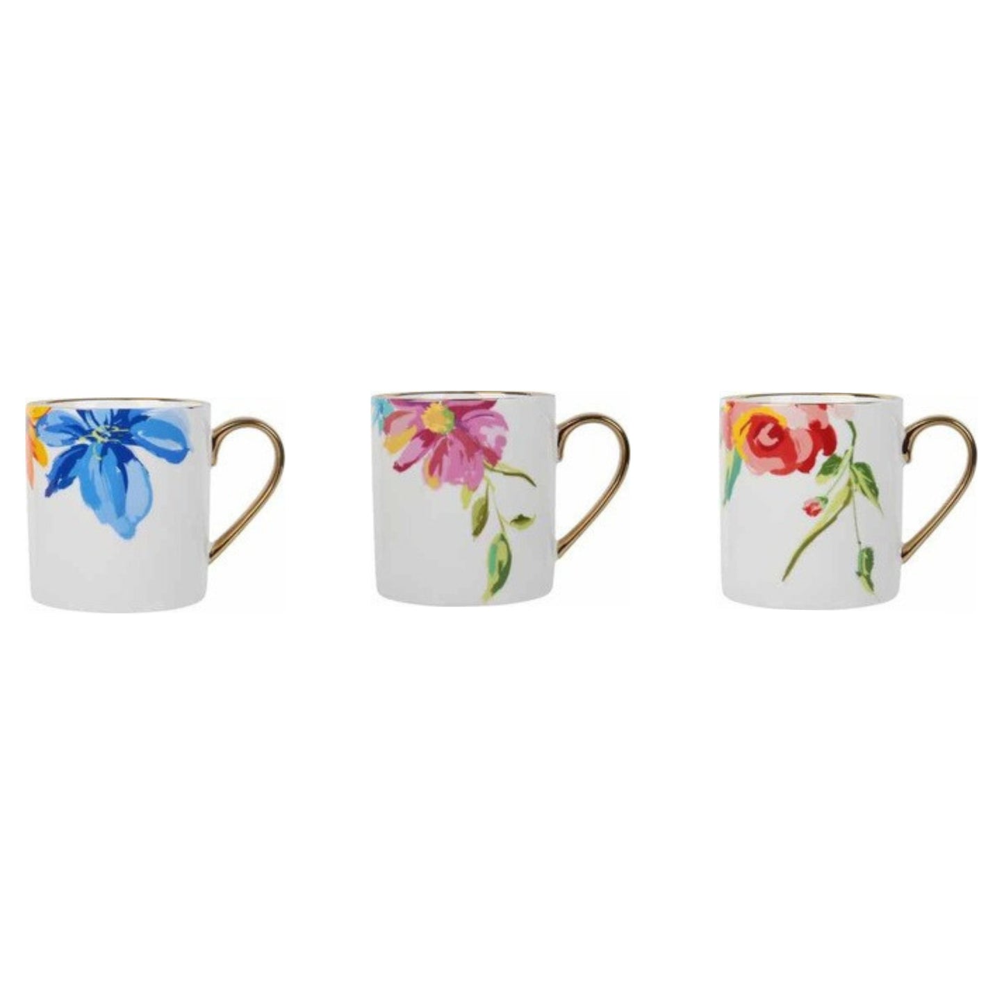 Mug with animal faces, colorful flowers, golden edges, and shiny surface