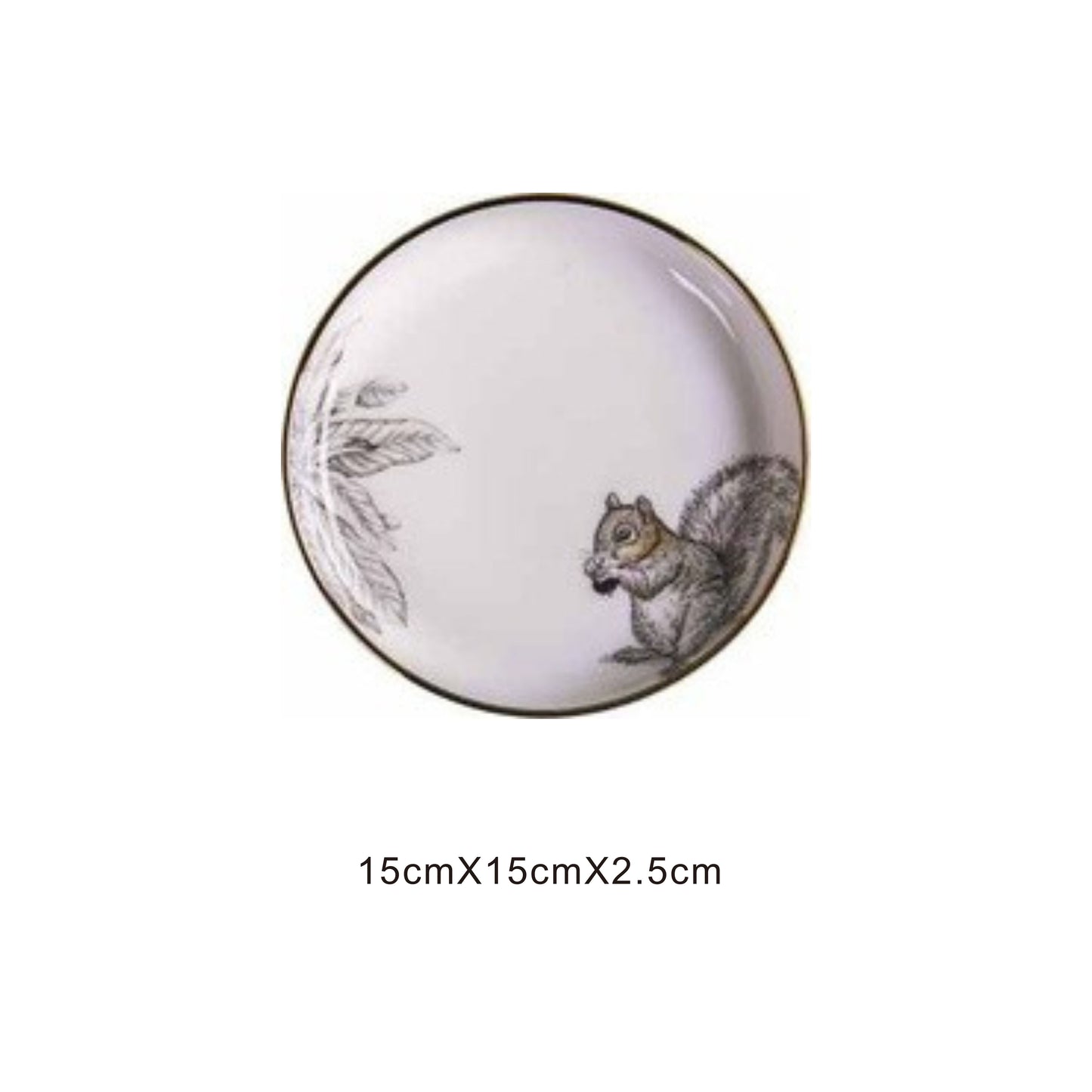 White ceramic round plate with animal face design, golden edges, and shiny surface