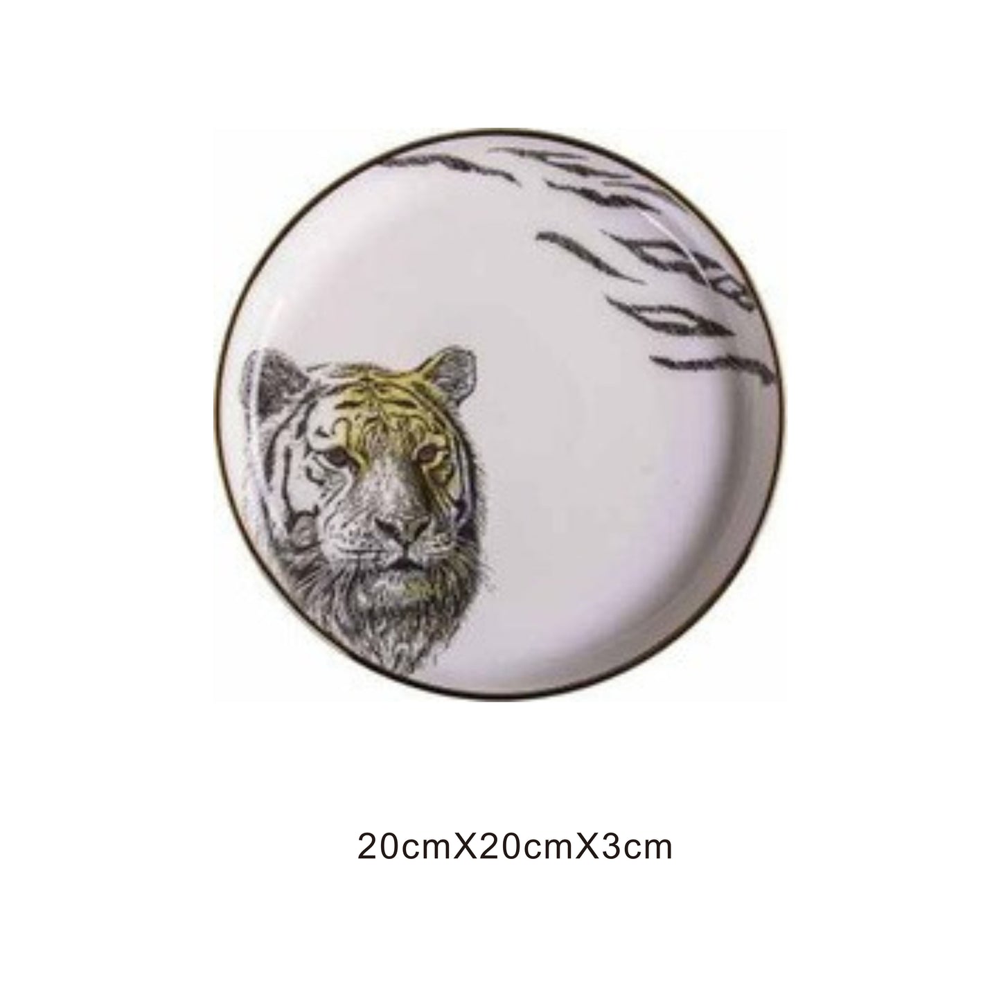 White ceramic round plate with animal face design, golden edges, and shiny surface