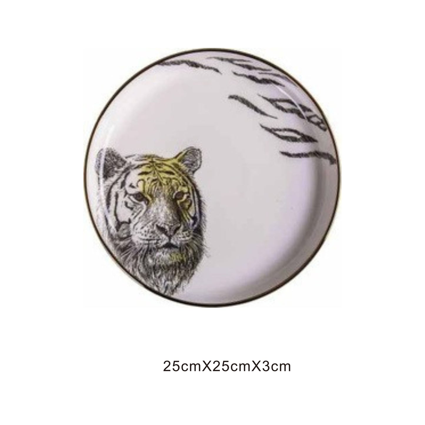 White ceramic round plate with animal face design, golden edges, and shiny surface