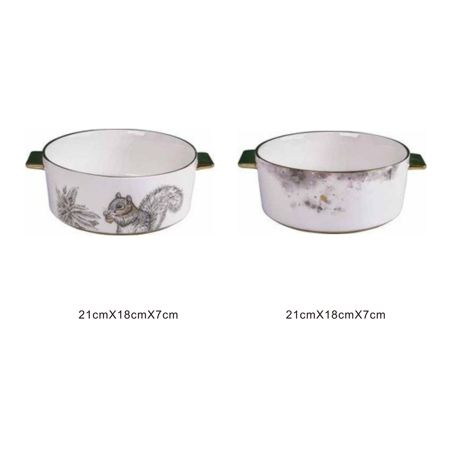 White ceramic serving dish with moon pattern or animal face, golden edges, and shiny surface