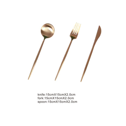Golden stainless steel cutlery set – knife, fork, and spoon