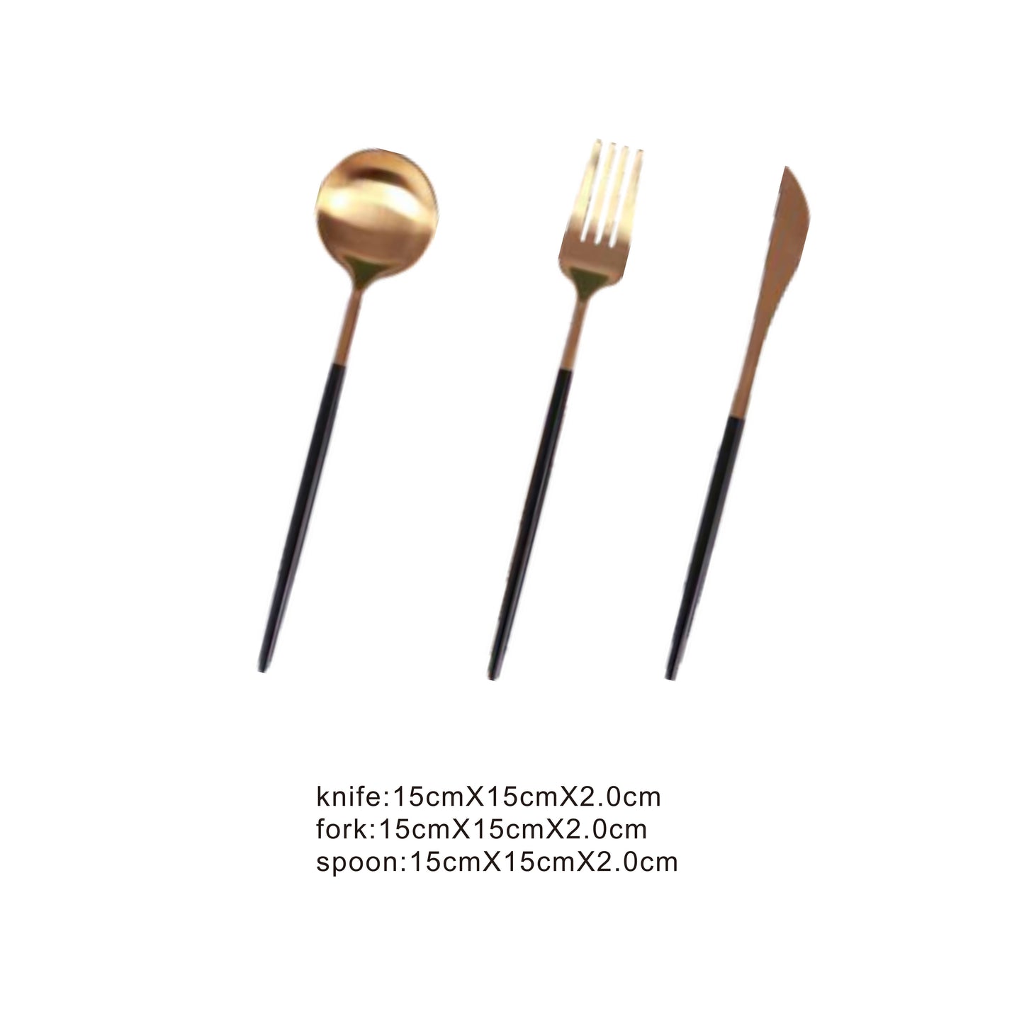 Golden cutlery set with black handle – knife, fork, and spoon
