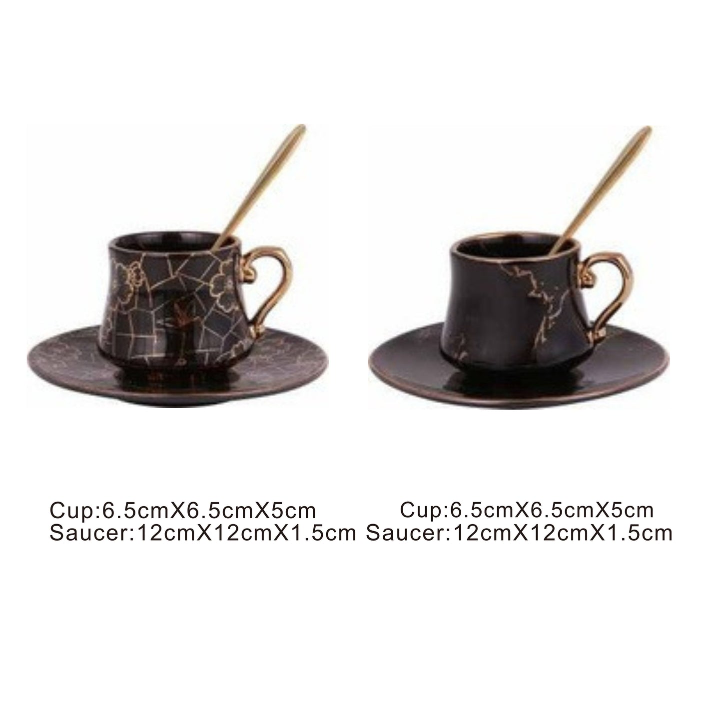 Black ceramic cup and saucer set with golden pattern and handle