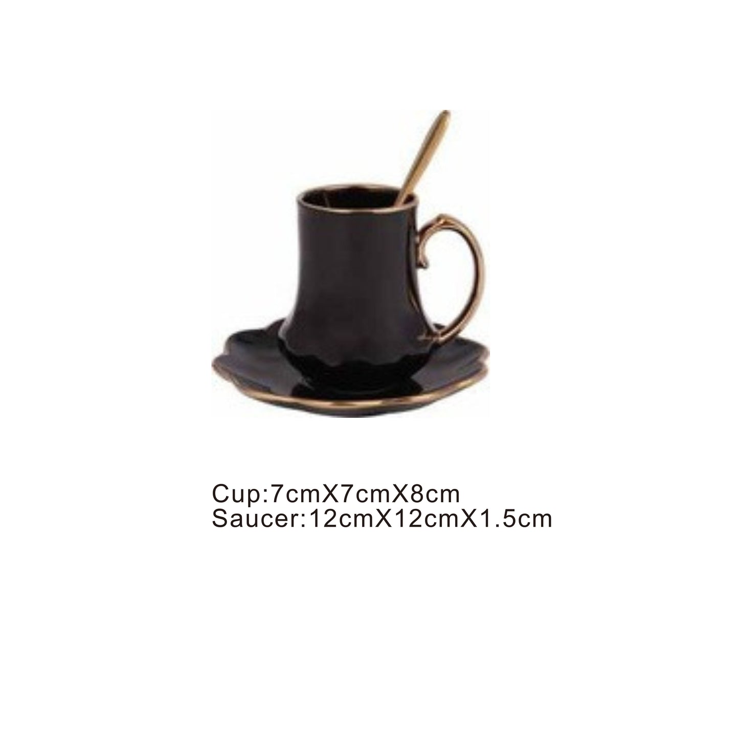Black ceramic cup and saucer set with golden edges and handle