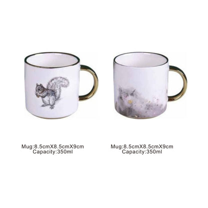 Ceramic mug with golden edges and handle, available in animal face or moon pattern