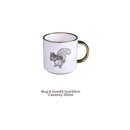 Ceramic mug with golden edges and handle, available in animal face or moon pattern