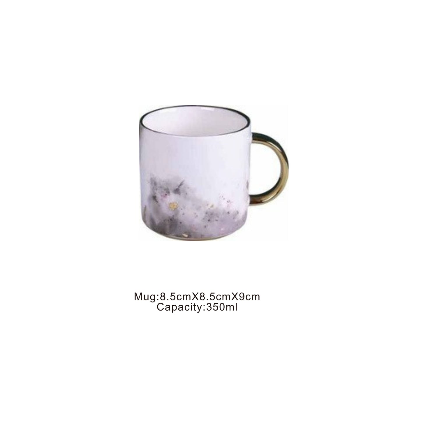 Ceramic mug with golden edges and handle, available in animal face or moon pattern