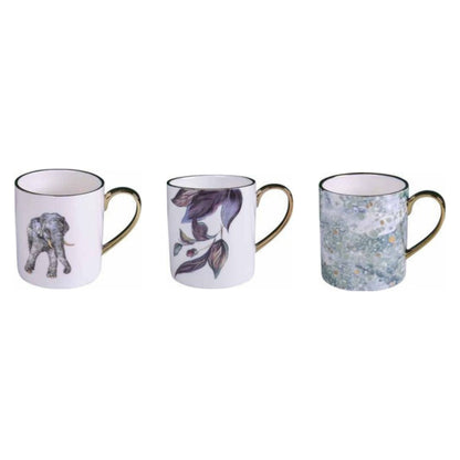 Ceramic mug with golden edges and handle, available in animal face, leaves, or dot marble pattern