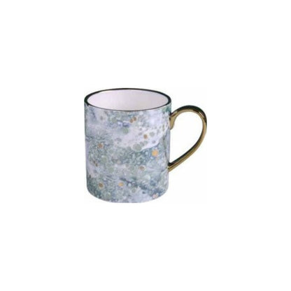 Ceramic mug with golden edges and handle, available in animal face, leaves, or dot marble pattern