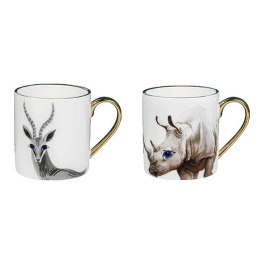 Mug with animal faces, golden edges, and shiny surface