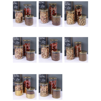 Glass jar with golden lid and assorted decorative patterns