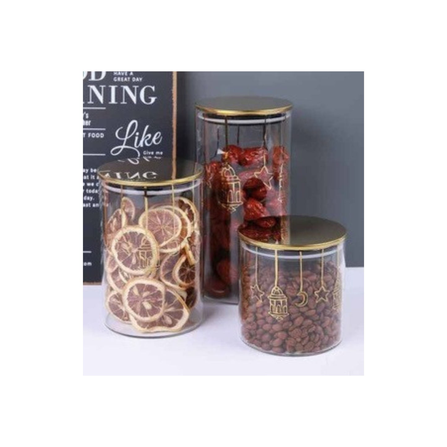 Glass jar with golden lid and assorted decorative patterns