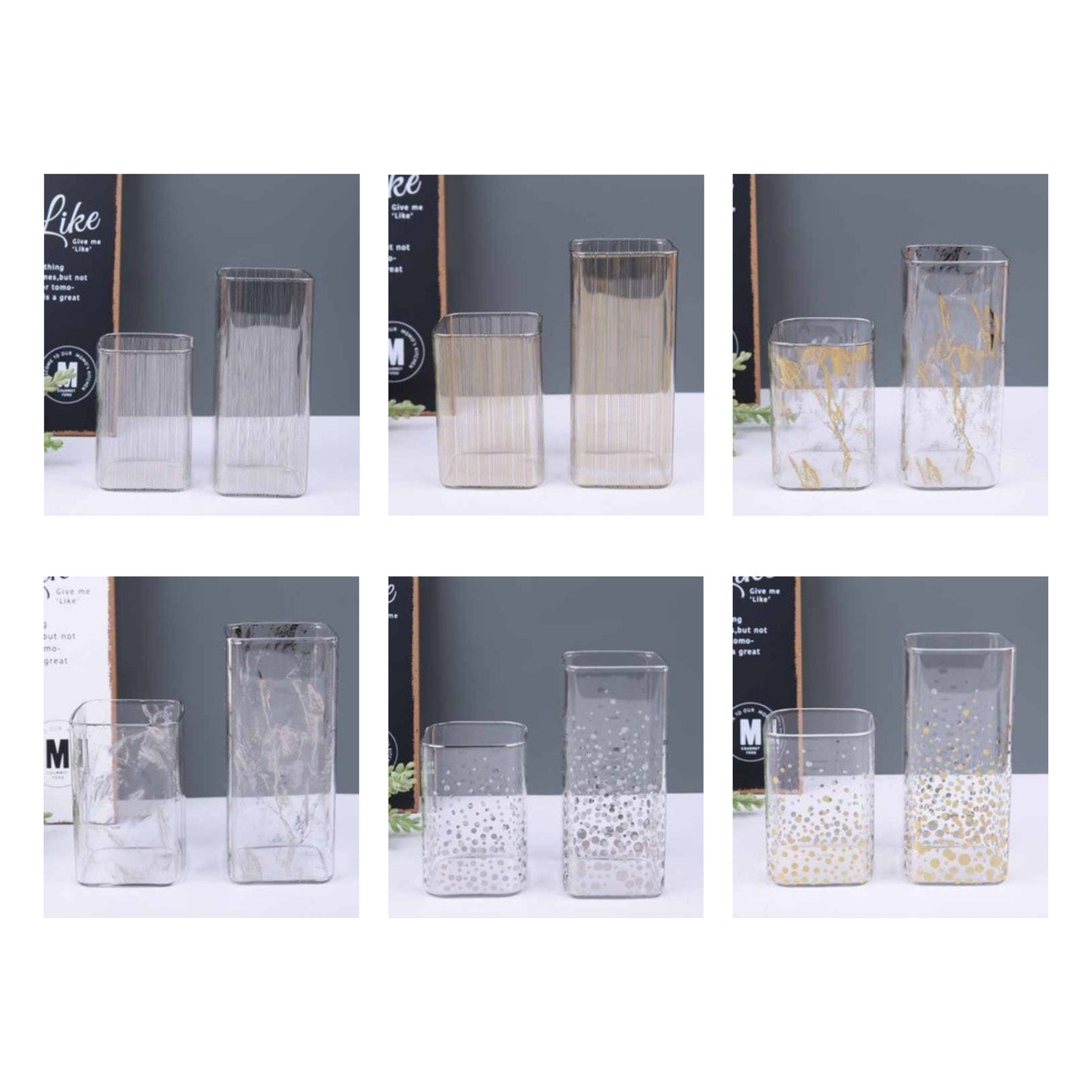 Glass jar with metallic detailing in silver or gold and assorted patterns