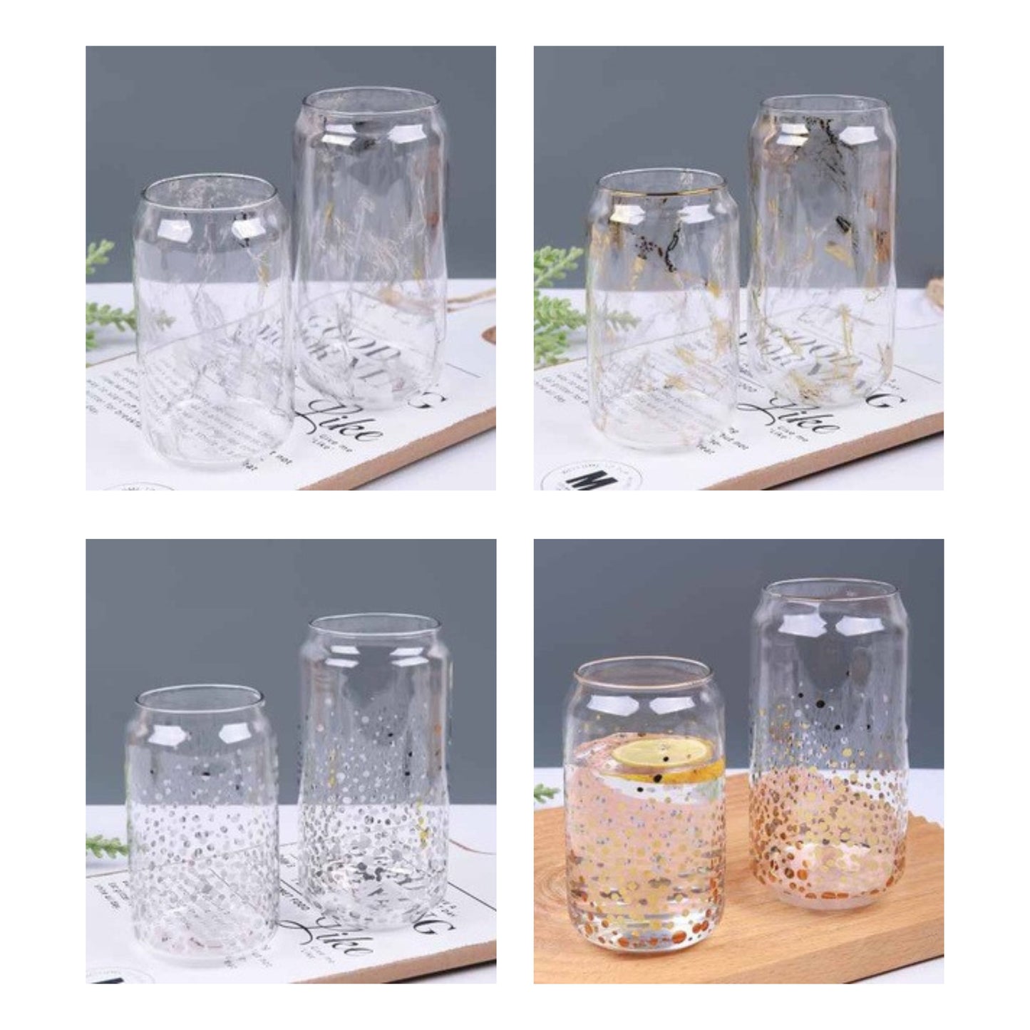 Glass with black marble or dotted pattern in silver and gold variations