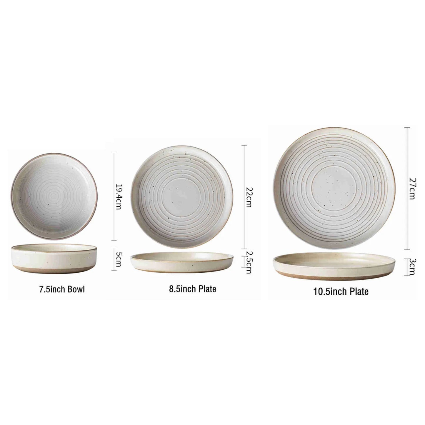 Round stoneware plates with engraved circle line pattern