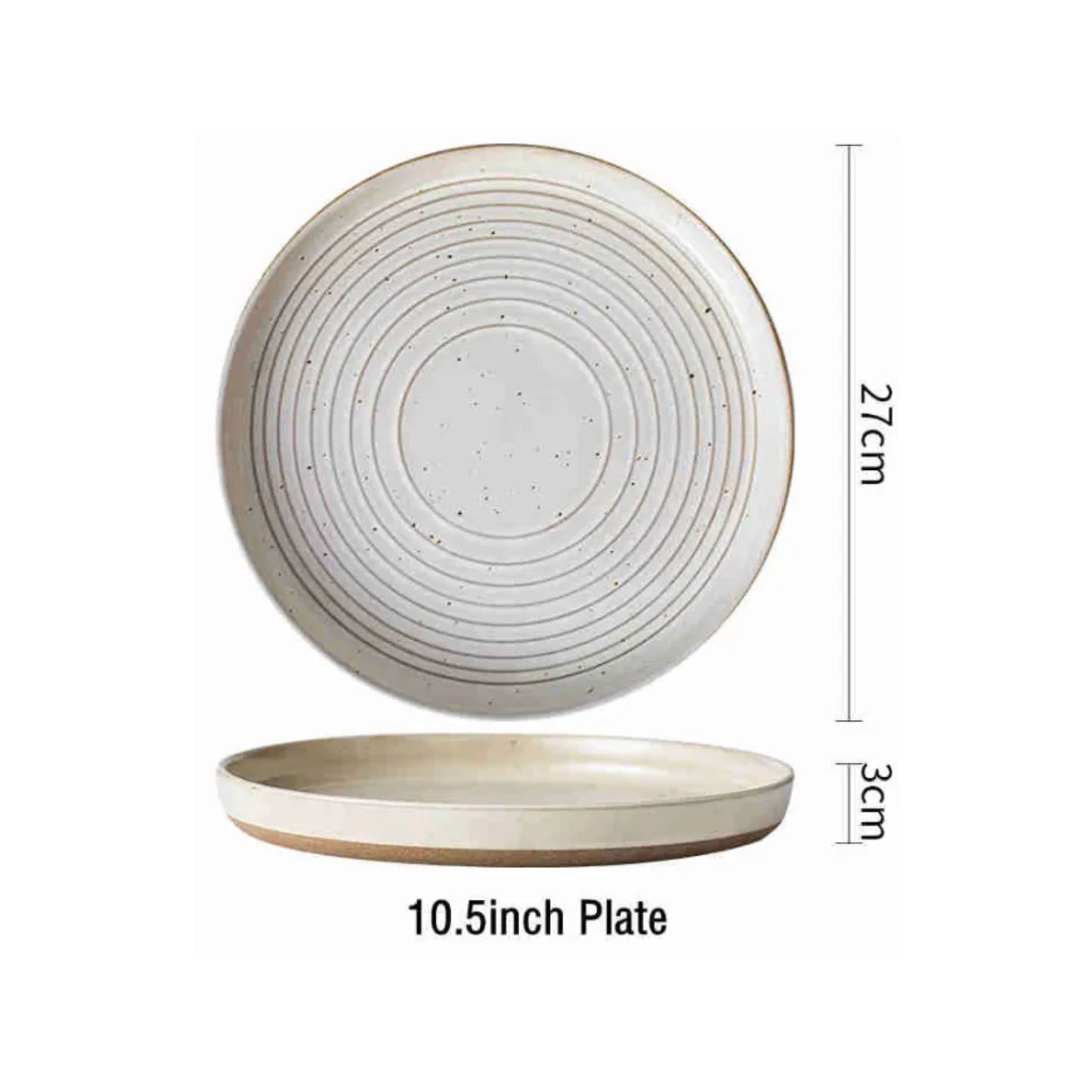 Round stoneware plates with engraved circle line pattern