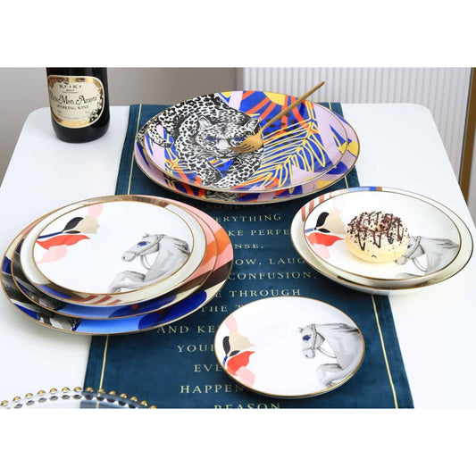 Floral & Animal White Ceramic Dinnerware Set with Golden Edges – 9-Piece Collection