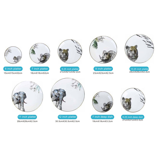 Animal-Themed White Ceramic Dinnerware Set with Golden Edges – 9-Piece Collection