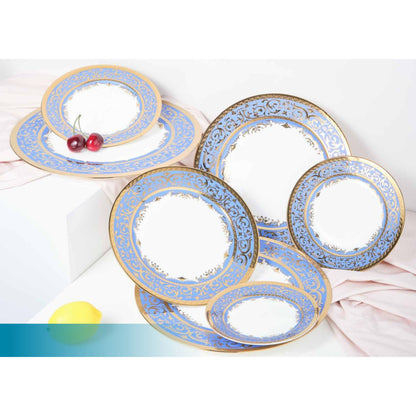 White Ceramic Dinnerware Set with Blue and Gold Edge Pattern and Shiny Surface – 9-Piece Collection