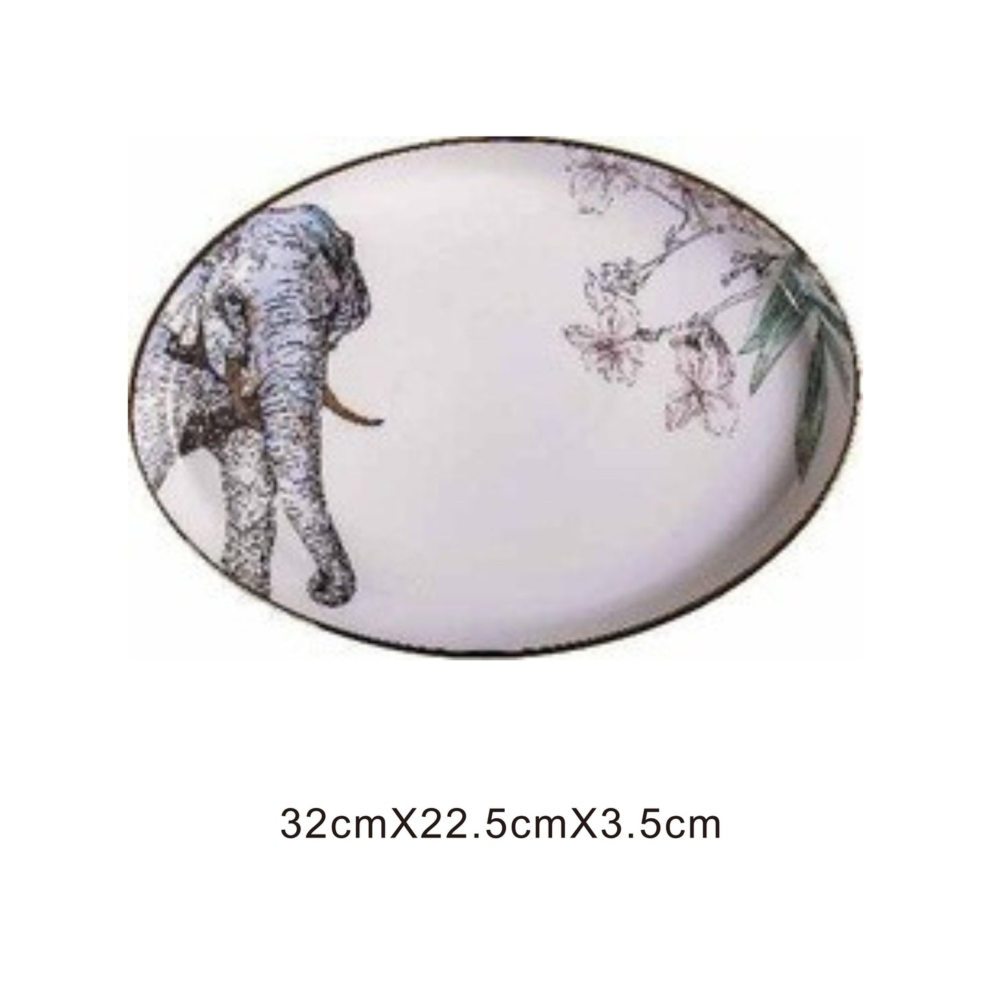 White ceramic oval serving dish with animal face design, golden edges, and shiny surface