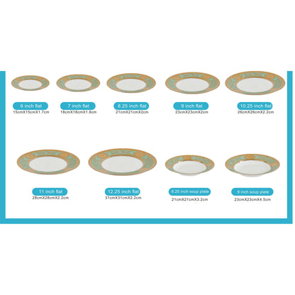 White Ceramic Dinnerware Set with Sky Blue and Gold Edge Pattern and Shiny Surface – 9-Piece Collection