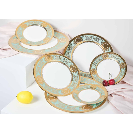 White Ceramic Dinnerware Set with Sky Blue and Gold Edge Pattern and Shiny Surface – 9-Piece Collection