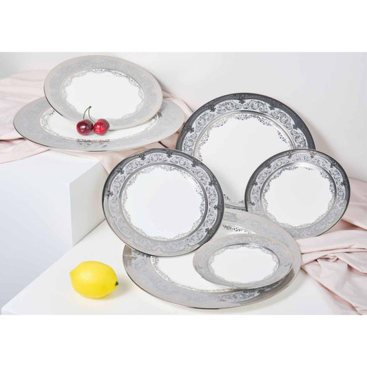 White Ceramic Dinnerware Set with Grey and Black Edge Pattern and Shiny Surface – 9-Piece Collection