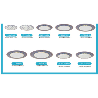 White Ceramic Dinnerware Set with Grey, Sky Blue, and Dark Blue Edge Pattern and Shiny Surface – 9-Piece Collection