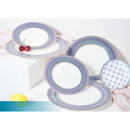 White Ceramic Dinnerware Set with Grey, Sky Blue, and Dark Blue Edge Pattern and Shiny Surface – 9-Piece Collection