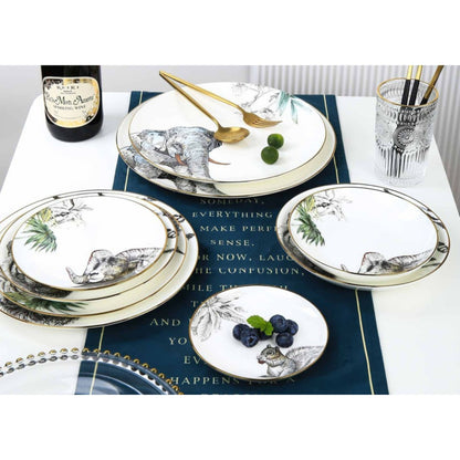 Animal-Themed White Ceramic Dinnerware Set with Golden Edges – 9-Piece Collection