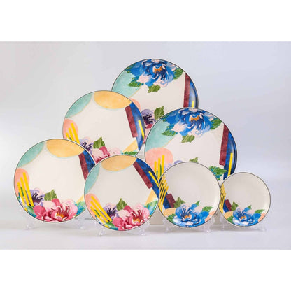 White Ceramic Dinnerware Set with Colorful Flower Pattern and Shiny Surface – 7-Piece Collection
