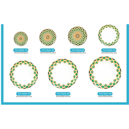 White Ceramic Dinnerware Set with Black and Green Floral Pattern and Shiny Surface – 7-Piece Collection