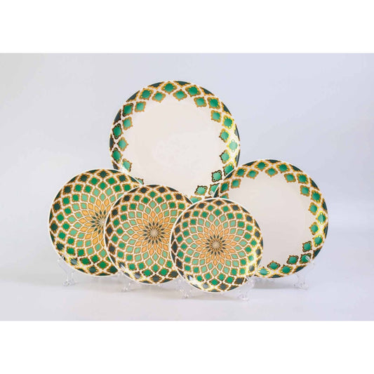 White Ceramic Dinnerware Set with Black and Green Floral Pattern and Shiny Surface – 7-Piece Collection