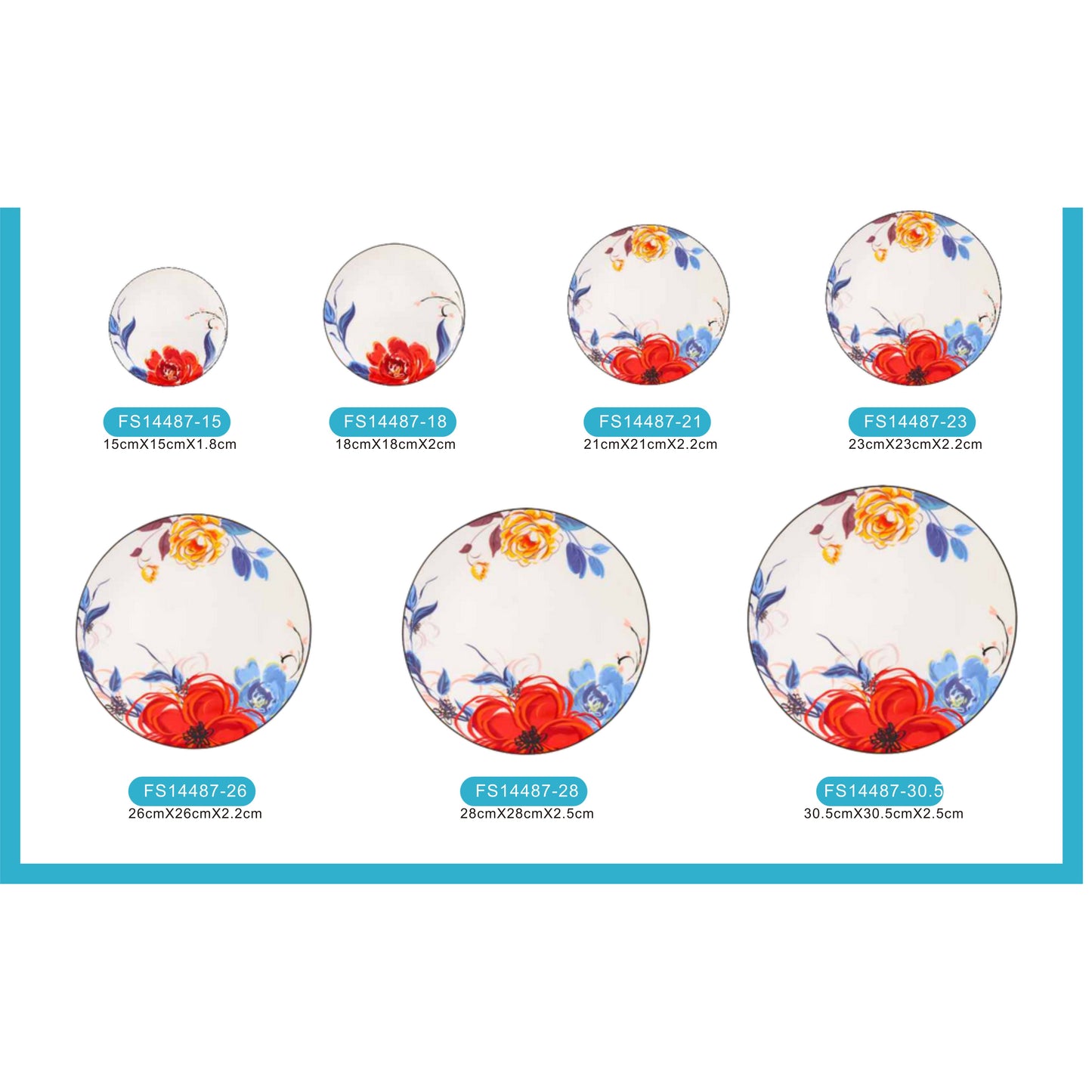 White Ceramic Dinnerware Set with Red and Yellow Flower Pattern and Shiny Surface – 7-Piece Collection