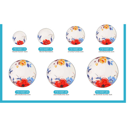 White Ceramic Dinnerware Set with Red and Yellow Flower Pattern and Shiny Surface – 7-Piece Collection