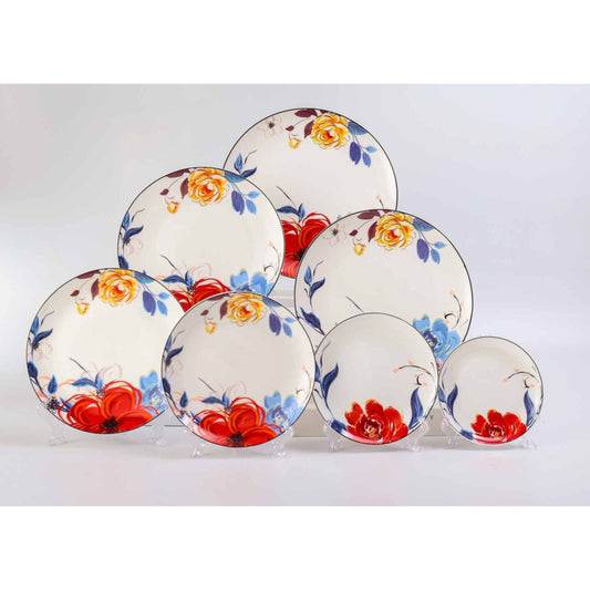 White Ceramic Dinnerware Set with Red and Yellow Flower Pattern and Shiny Surface – 7-Piece Collection
