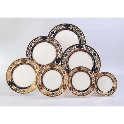 White Ceramic Dinnerware Set with Golden and Brown Floral Pattern and Shiny Surface – 7-Piece Collection