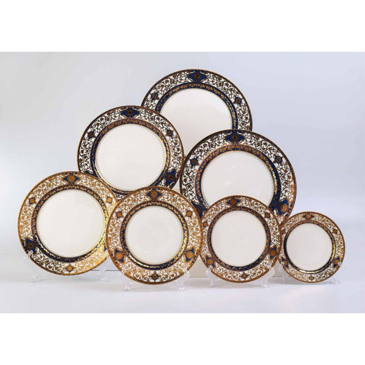 White Ceramic Dinnerware Set with Golden and Brown Floral Pattern and Shiny Surface – 7-Piece Collection