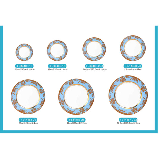 White Ceramic Dinnerware Set with Golden and Sky Blue Floral Pattern and Shiny Surface – 7-Piece Collection