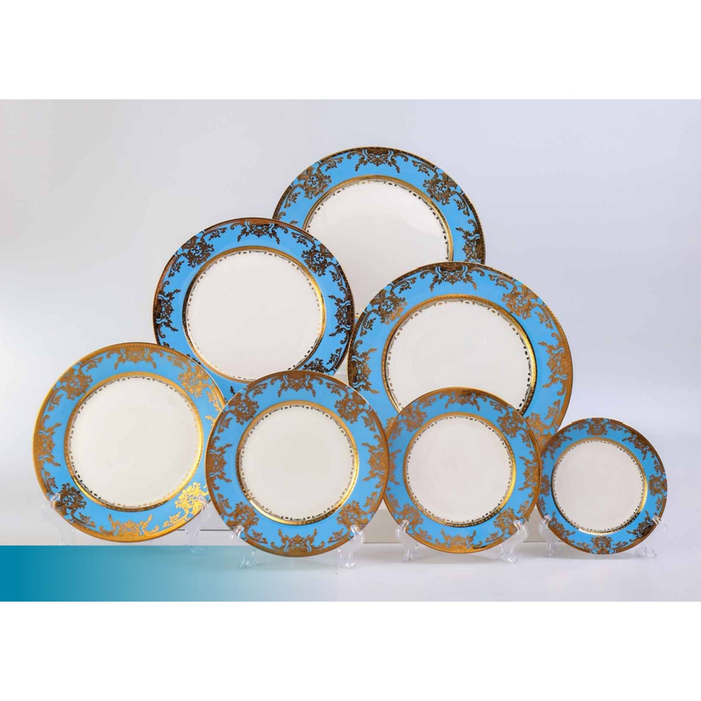 White Ceramic Dinnerware Set with Golden and Sky Blue Floral Pattern and Shiny Surface – 7-Piece Collection