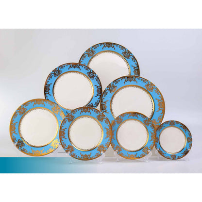 White Ceramic Dinnerware Set with Golden and Sky Blue Floral Pattern and Shiny Surface – 7-Piece Collection