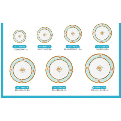 White Ceramic Dinnerware Set with Golden and Sky Blue Floral Pattern and Shiny Surface – 7-Piece Collection