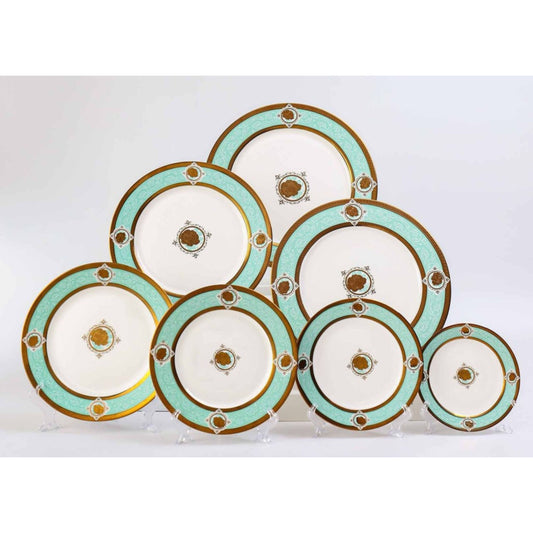 White Ceramic Dinnerware Set with Golden and Sky Blue Floral Pattern and Shiny Surface – 7-Piece Collection