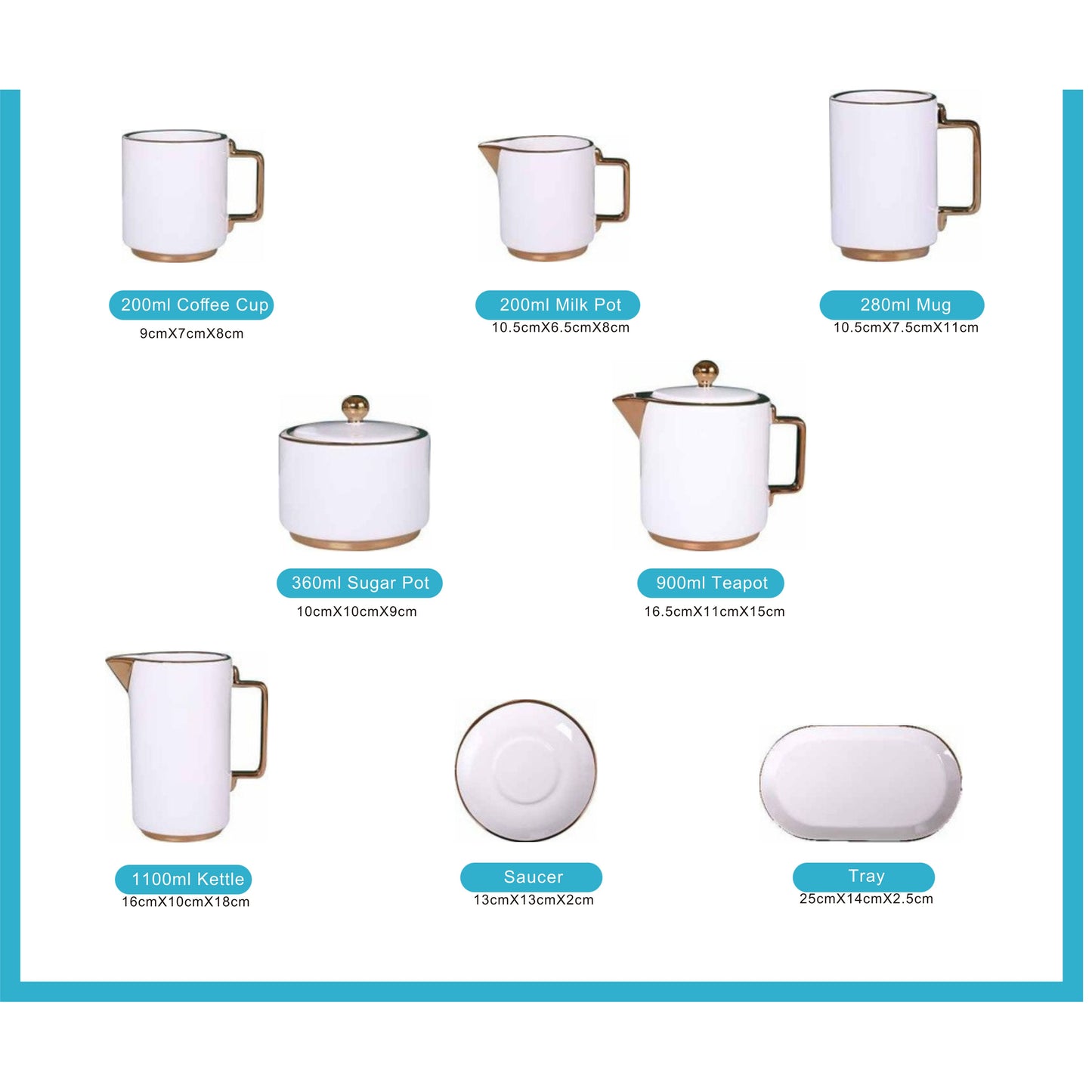 White Ceramic Tea and Coffee Set with Golden Edges and Shiny Surface – 8-Piece Collection